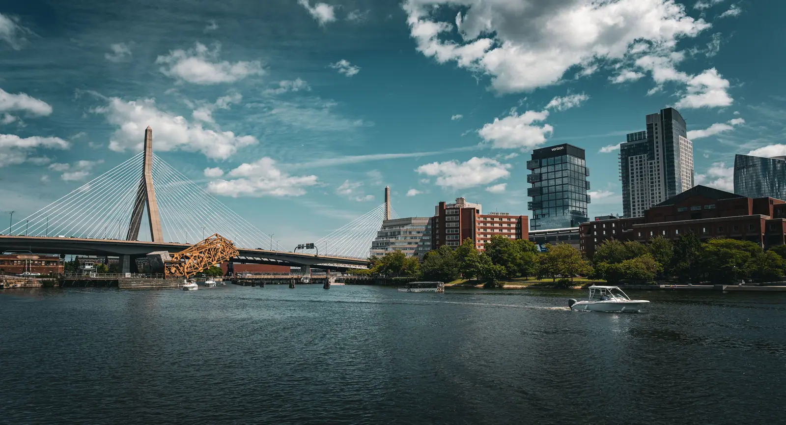 Boston waterfront, the Charles River, and the Zakim Bridge