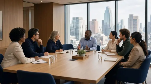 专业人士围坐会议桌进行研讨
