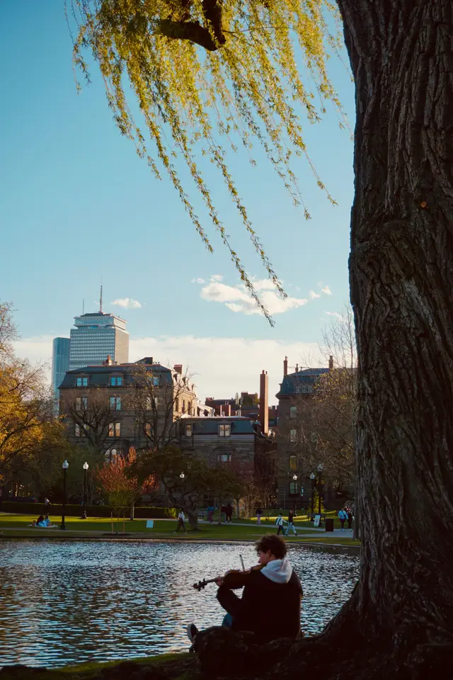 Boston Public Garden lagoon with the Back Bay skyline and Prudential Tower beyond the trees.